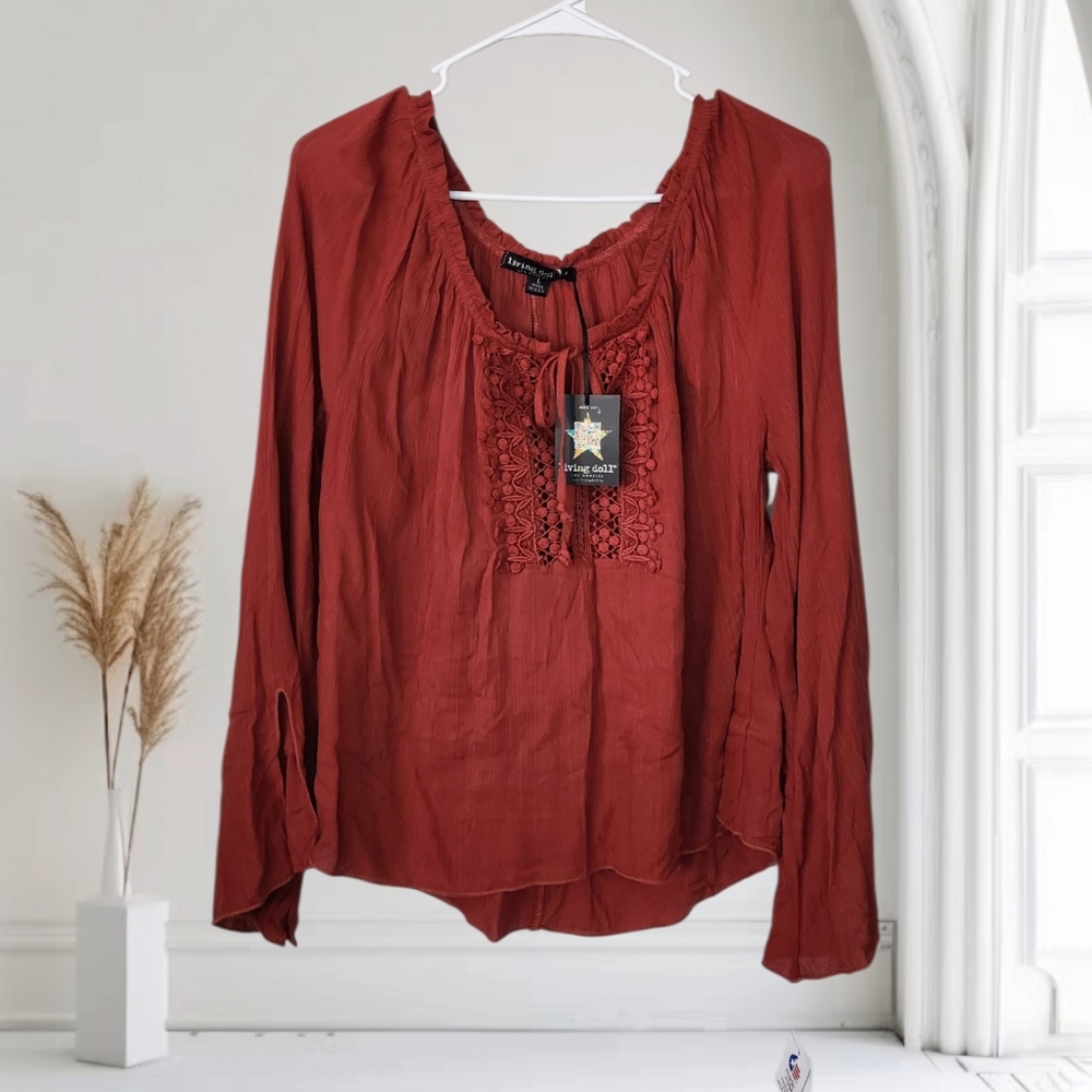 Living Doll Brownish Red Boho Top. Size L